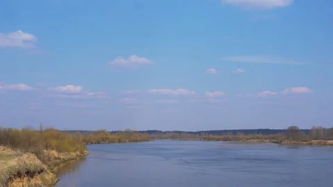 Beautiful spring nature landscape with forest, blue sky and river. Copy space 스톡 동영상 306367405
