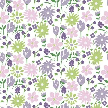 Beautiful spring seamless floral pattern with bright purple green summer fl.. Illustrazione stock