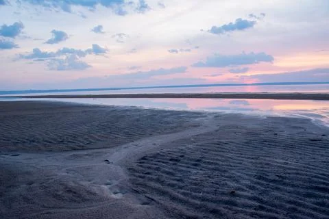 Beautiful spring sunset over a river Volga near Ulyanovsk. Stock Photos