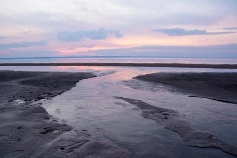 Beautiful spring sunset over a river Volga near Ulyanovsk. Stock Photos
