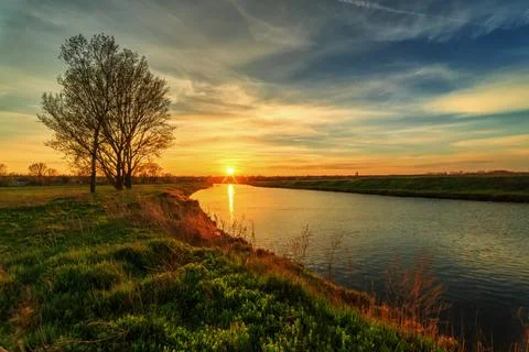 Beautiful Spring Sunset Over River Stock Photos