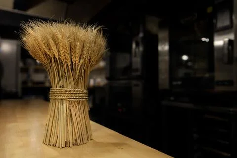 A beautiful stack of ripe ears of wheat stands on a wooden table Foto stock