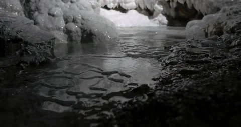 Beautiful Stalactites Puddle in Dark Cave Stock Footage 164923229