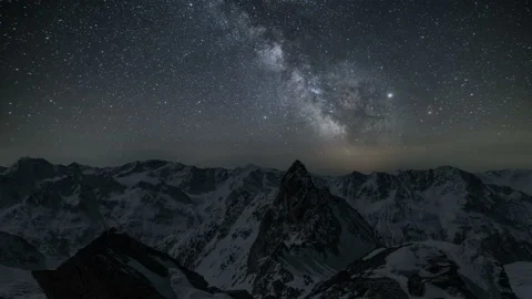 Beautiful starry night sky milky way galaxy stars over winter alps mountains Stock Footage