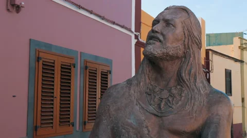 Beautiful statue of canarian aborigines located in the city of Galdar Stock Footage 221785044