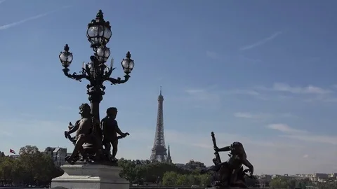Beautiful statues and Eiffel tower in background, art sights cape, Paris  Stock Footage 69181538