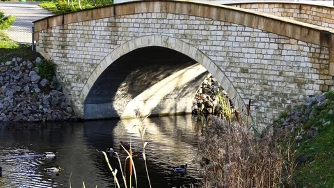 Beautiful stone bridge over the river in european city park. Stock Footage 115913672