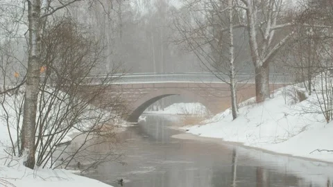 Beautiful stone bridge over the small river in the park. Stock Footage 153620158