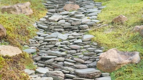 Beautiful stone path with green grass. Stone road Vídeo Stock 252932675