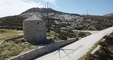 Beautiful Stone Windmill Greece Drone Shot Stock Footage 106339137
