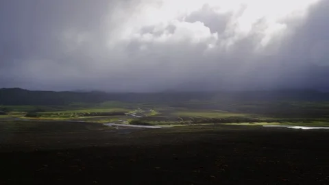 Beautiful Storm Clouds Moving Over Valley, Rays Of Light Break Through Clouds Stock Footage 82562800