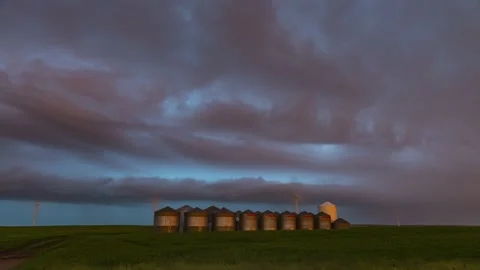 Beautiful Striated Shelf Cloud over the Canadian Prairies with Lightning Stock Footage 143325331
