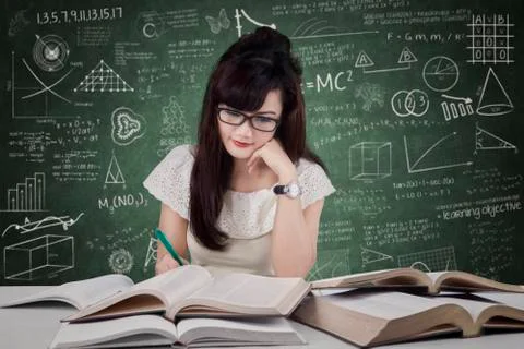 Beautiful student studying in the class Stock Illustration