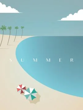 Beautiful summer beach vector poster template with sun umbrellas and palm trees. Stock Illustration