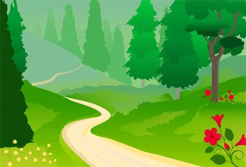 Beautiful summer forest background with pine trees and flowers Illustrazione stock
