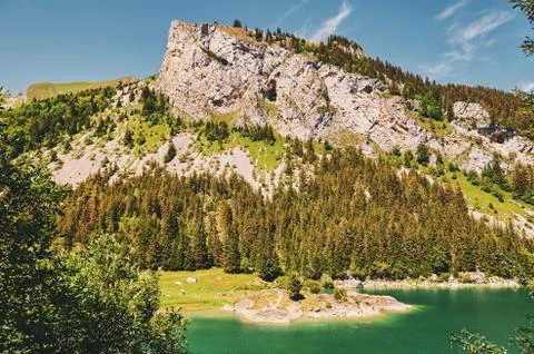 Beautiful summer landscape of mountain lake, canton of Valais, Switzerland Stock Photos