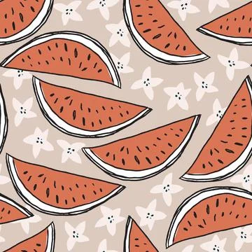 Beautiful summer seamless pattern. Hand drawn watermelon fruit with flowers Stock Illustration