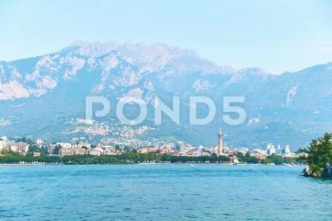 Beautiful summer view of the city of Lecco in Italy on the shore of lake Como Stock Photos