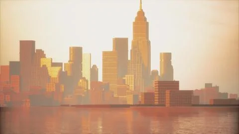Beautiful sun ray over downtown during hazy sunrise Ilustración de archivo