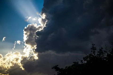 Beautiful Sun Rays Through Rain Clouds Thunderstorm Approaching Weather Stock Photos