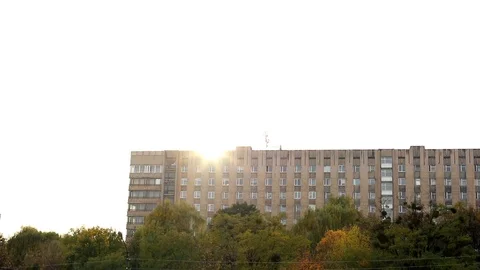 Beautiful sun setting over the high city building. Modern exterior. Urbanization Stockbeeldmateriaal 118219715