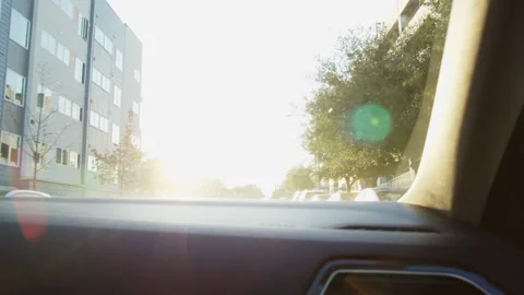 Beautiful Sunlight Lens Flare Through Car Windshield While Driving Stock Footage 301490366