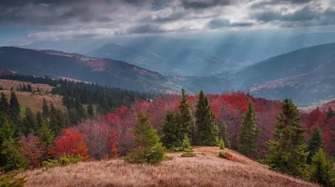Beautiful sunlight through the thick dark clouds in the Carpathian mountains. Stock Footage 58588512