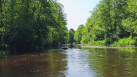 Beautiful sunny river. There is bright greenery on the shore. River rafting Stock Footage 241325377