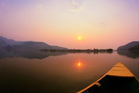 Beautiful sunrise landscape from boat view on phewa lake, pokhara, nepal Stock Photos