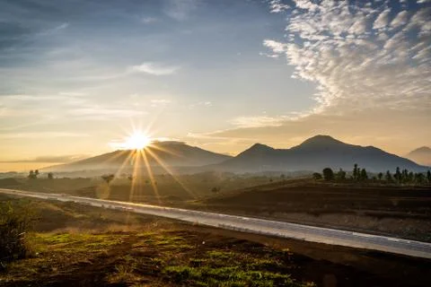 Beautiful Sunrise At Mountain in Sumedang Indonesia Stock Photos