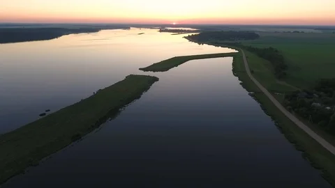 Beautiful sunrise on the river Neman, Belarus. View by drone Stock Footage 110755980