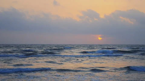 Beautiful sunset above ocean when the whole red sun is on the horizon, Sri Lanka Stock Footage 68851714