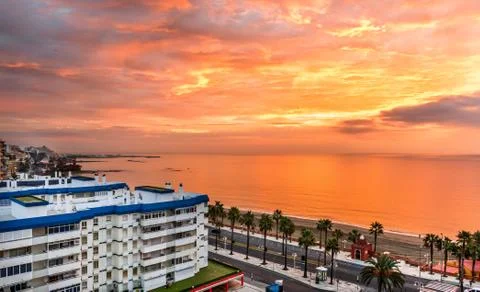 Beautiful sunset above the sea.  costa del sol, benalmadena coast. spain Stock Photos
