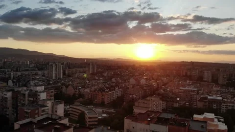 Beautiful Sunset above Sofia city, Bulgaria. Aerial video, cinematic 4k Stock Footage 236197460