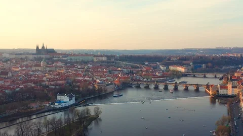 Beautiful Sunset Aerial Panoramic Drone Footage Above Prague Vltava River With Stock Footage 110803884