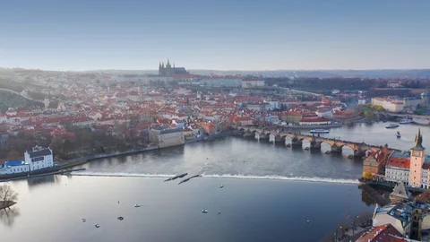 Beautiful Sunset Aerial Panoramic Drone Footage Above Prague Vltava River With Stock Footage 110804023