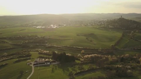 Beautiful Sunset Aerial View German Landscape Castle Backround Stock Footage 80110784
