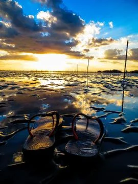 Beautiful sunset and reflection in water on beach with sandals in foreground Stock Photos