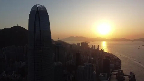 Beautiful Sunset and Skyscraper, Financial Centre, Hong Kong - Aerial Footage Stock Footage 246126578