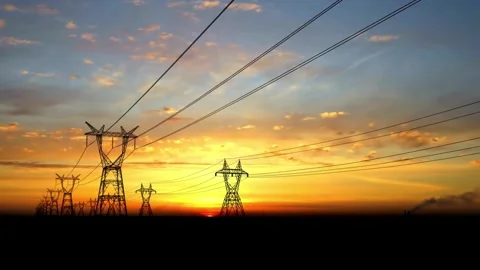Beautiful sunset background with electrical power lines Vídeo Stock 337310503