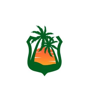 Beautiful sunset in the bay between two palm coconut tree vector logo design, Stock Illustration