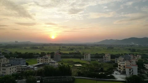 Beautiful Sunset of Countryside, Rice Fields, Farm, Drone Aerial View, 4K Video stock 252043353