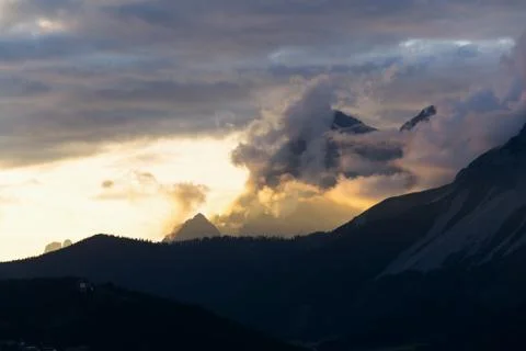 Beautiful sunset with dramatic clouds over Dachstein Mountains, Alps Stock Photos