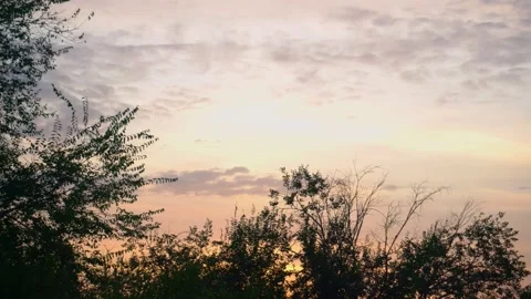 Beautiful sunset in the evening in the city clouds against the backdrop of trees Stock Footage 142824720
