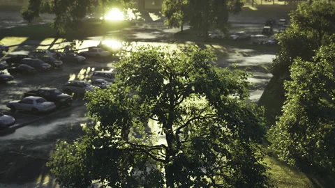 Beautiful sunset illuminates forest reflected on smooth flowing river waters Stock Footage 341827098