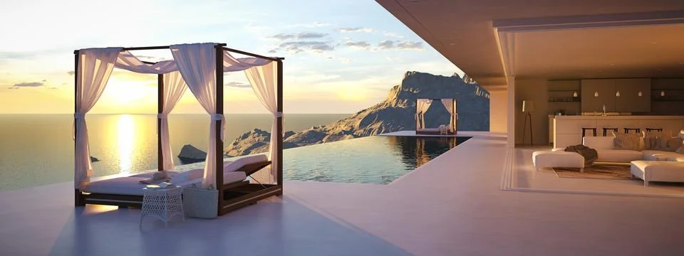 Beautiful sunset at the infinity pool. 3d rendering Stock Illustration