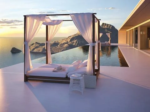 Beautiful sunset at the infinity pool. 3d rendering Stock Illustration