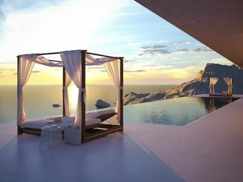 Beautiful sunset at the infinity pool. 3d rendering Illustrazione stock