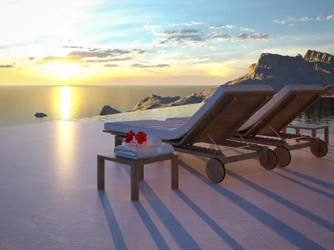 Beautiful sunset at the infinity pool. 3d rendering Illustrazione stock