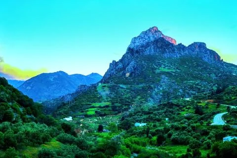 Beautiful sunset in a mountain valley along the road to Chefchaouen in Morocc Stock Photos